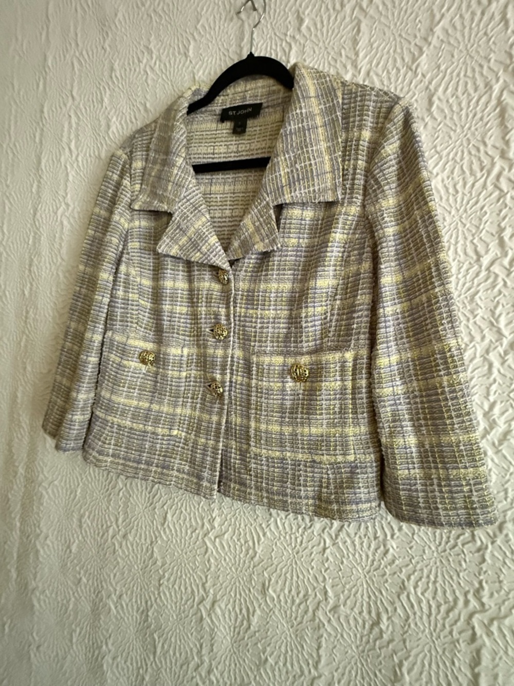 St. John Wool Blend Yellow Lavender Tweed Cropped 3/4 Sleeve Jacket